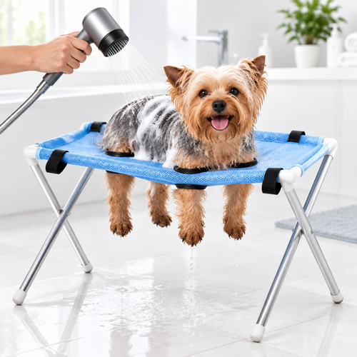 Yorkie calmly bathed on the Calm Bath Stand with all four legs through the holes