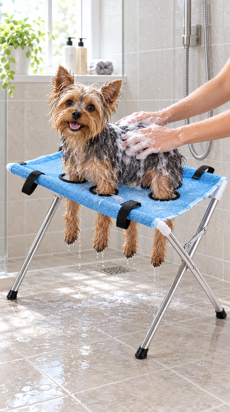 Yorkie calmly standing on the Calm Bath Stand