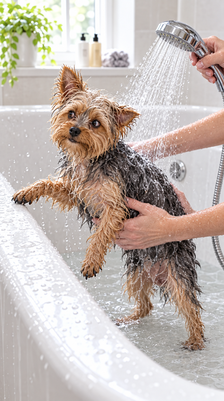 Wet Yorkie trying to climb out of the bathtub